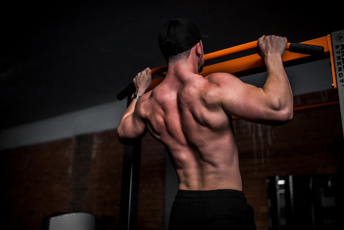 Back view of muscular man doing pull-ups